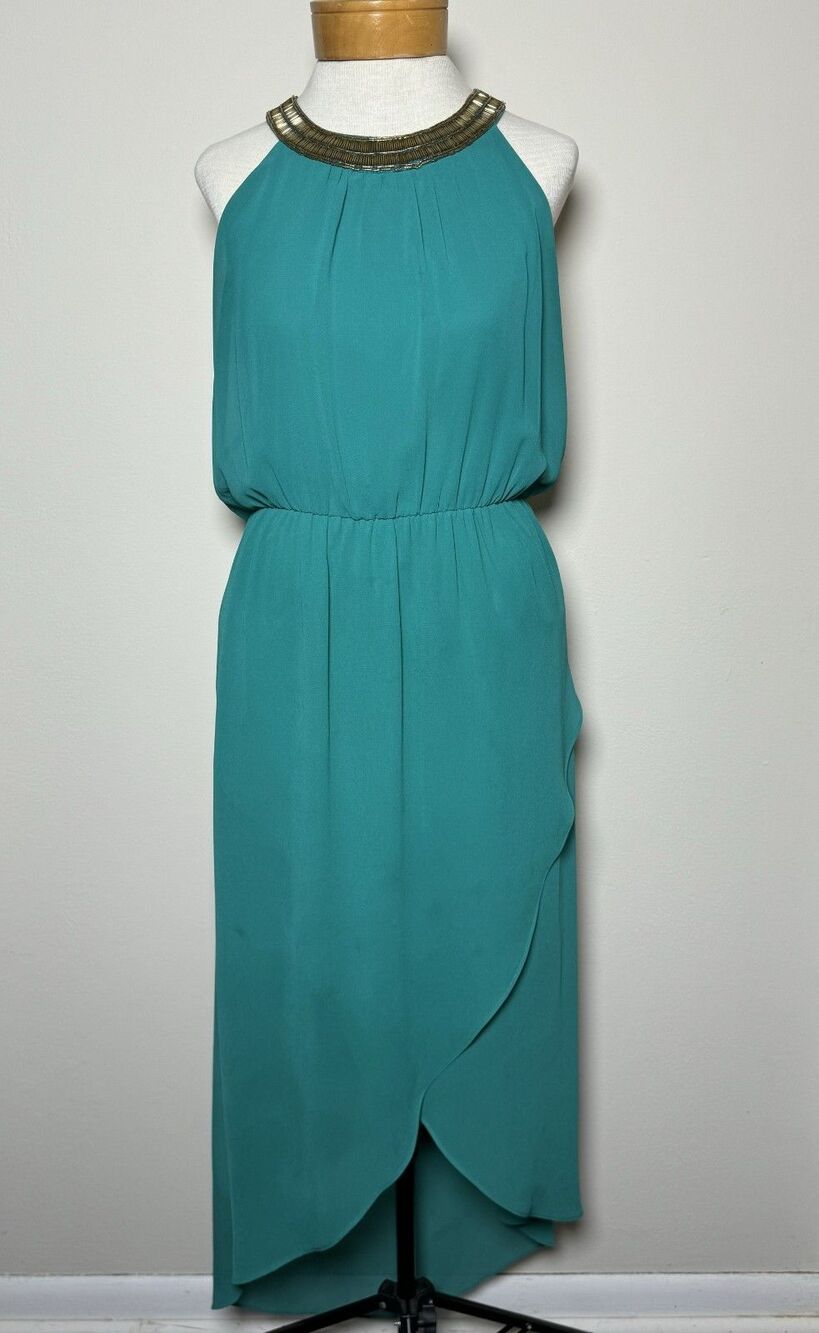 Thalia Sodi Turquoise Dress LG Beaded Neck Blouson High Low Tulip Hem Festival